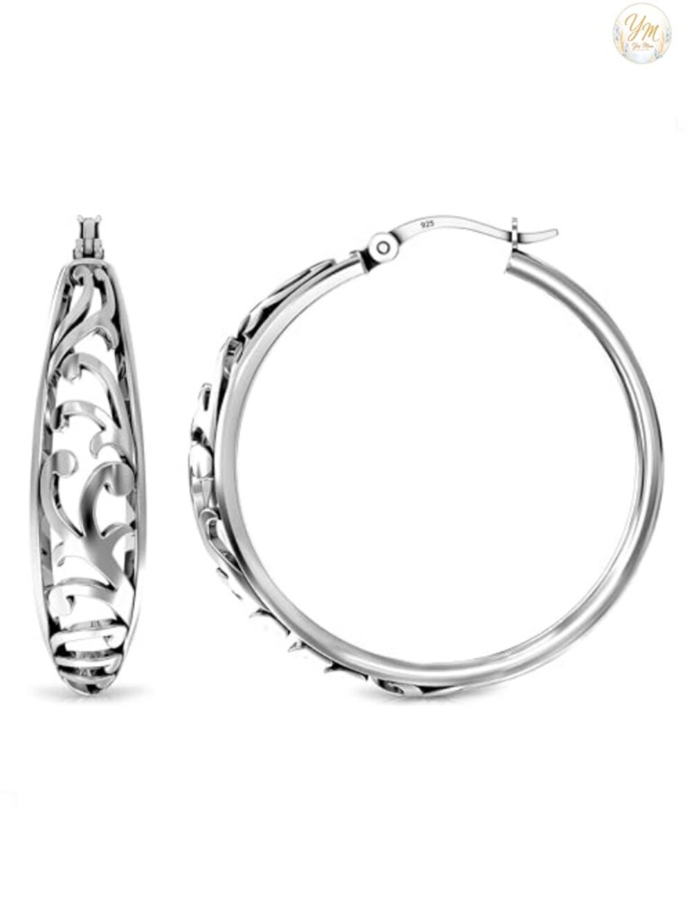 925 Sterling Silver Filigree Hoop Earrings Click-Top Statement